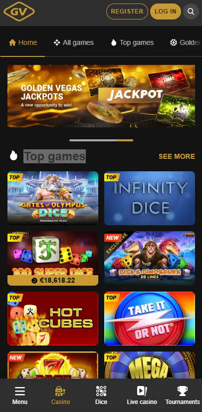 application et interface mobile GOLDENVEGAS CASINO